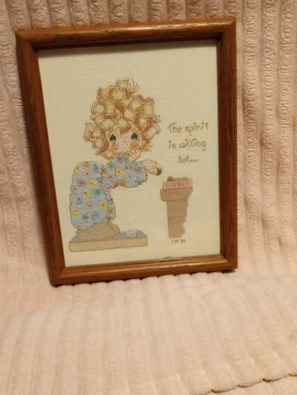 Precious Moments Cross Stitch Girl in Blue Floral Pajamas Framed Art